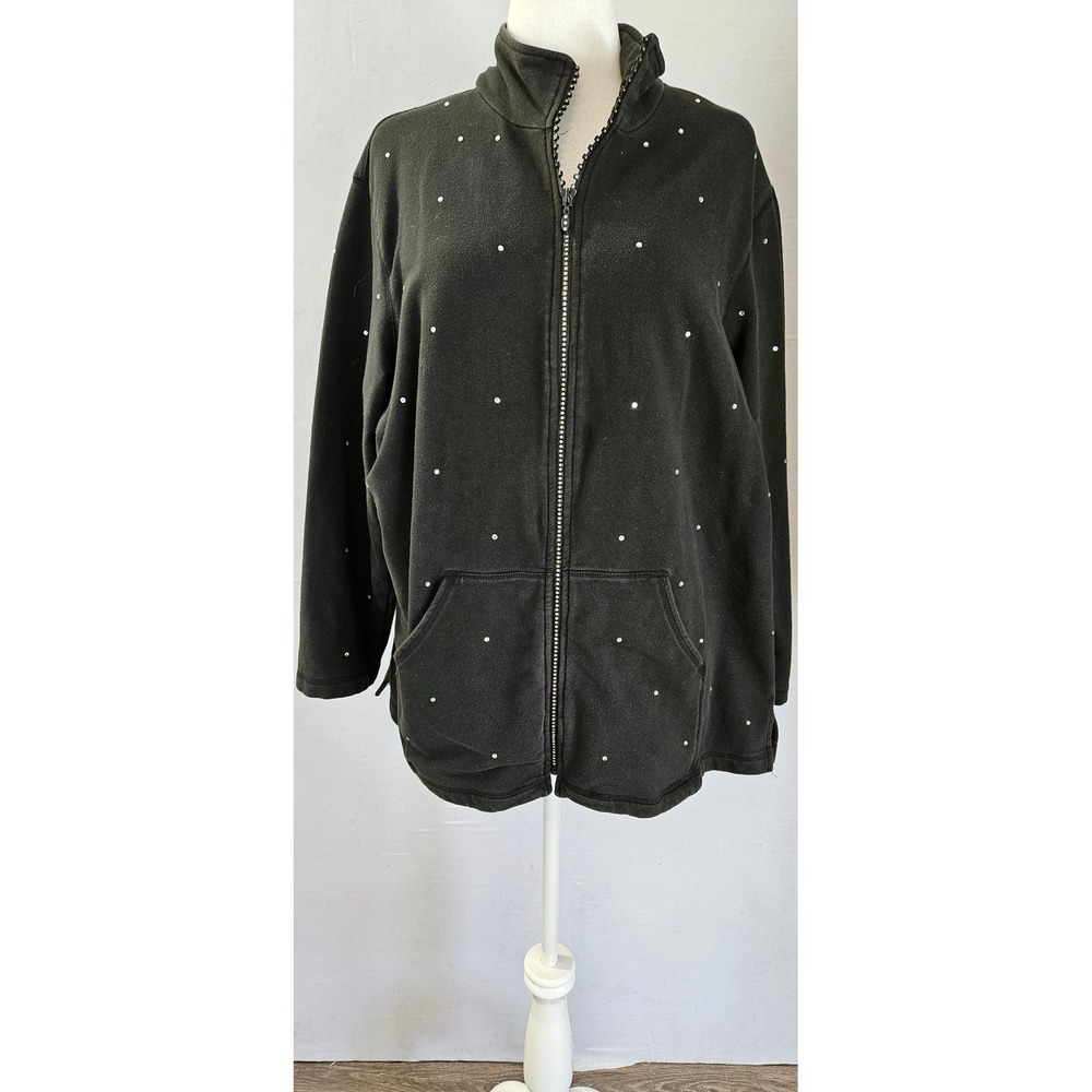 Quacker Factory Womens 2X Black Rhinestone Full Zip Fleece Sweatshirt Jacket